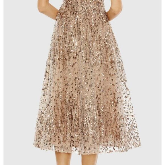 Mac Duggal 20398 Gold Sequin Fit & Flare Midi Dress 16 Cap Sleeves Cocktail NWT - Picture 5 of 16